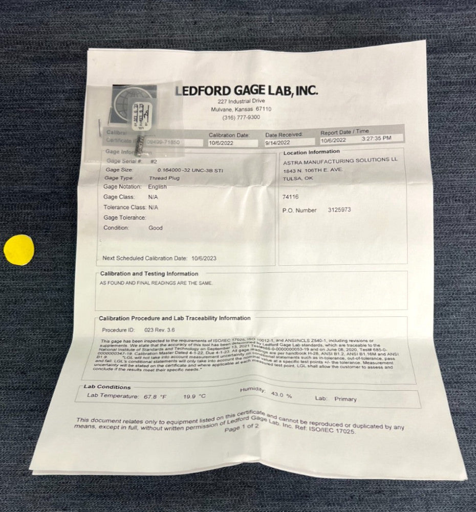 THREAD PLUG #8-32 UNC GO PD 1843 STI GAGE SERIAL #2 GAGE SIZE 0.164000-32 UNC-3B