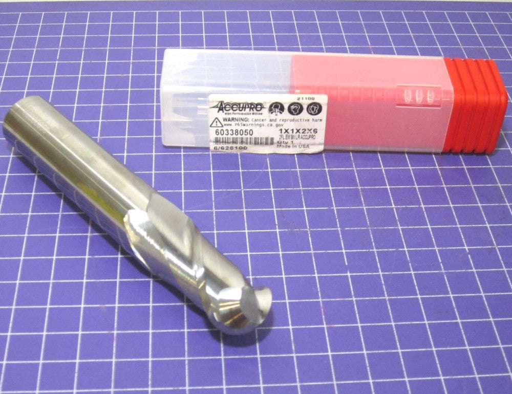 1"x 1"x 2"x 6" Solid Carbide 2F RH 40° Helix Ball End Mill Made in USA