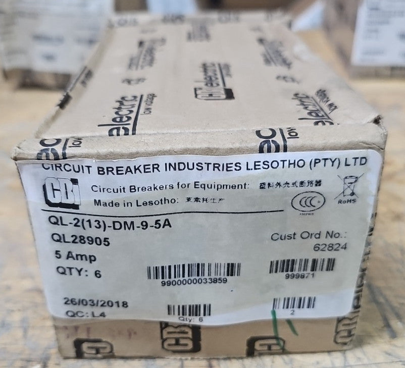 1) Box of 6 CBI 5A Circuit Breakers QL28905 2 Pole Units 