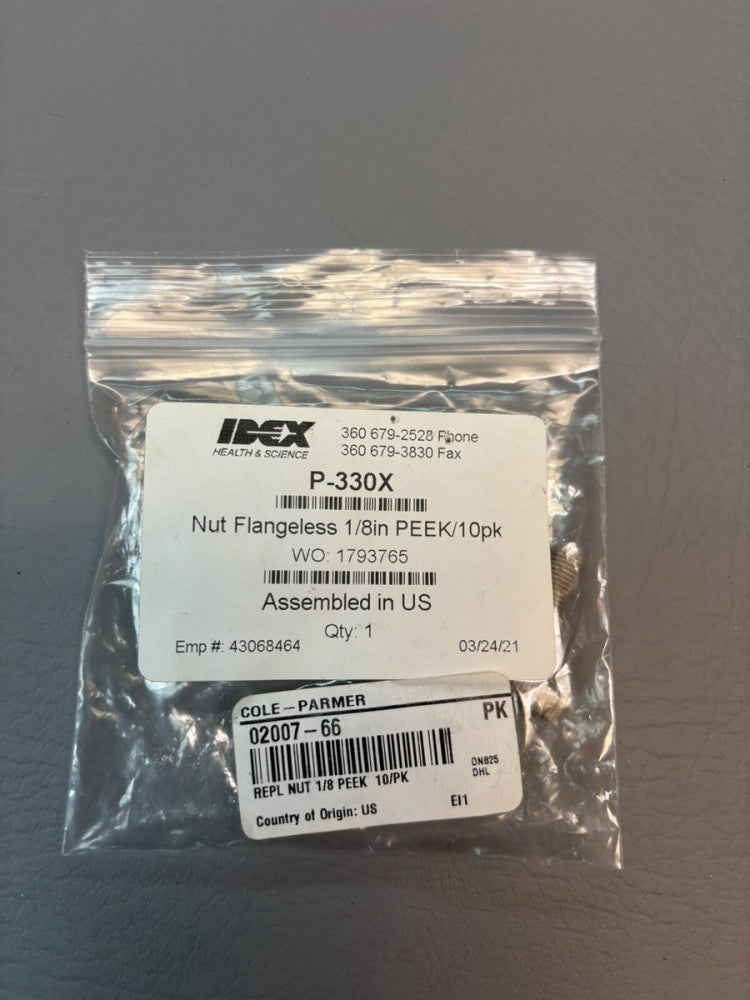 7- IDEX P-330X Flangeless Fitting, Standard Knurl, Natural PEEK, 1/8"