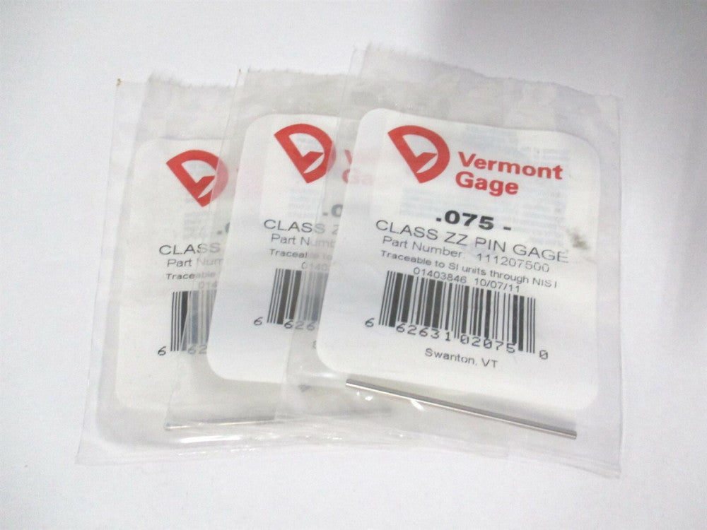 Vermont Gage (1112077500) 0.075" Diam Class ZZ Minus Plug & Pin Gage - Qty 3