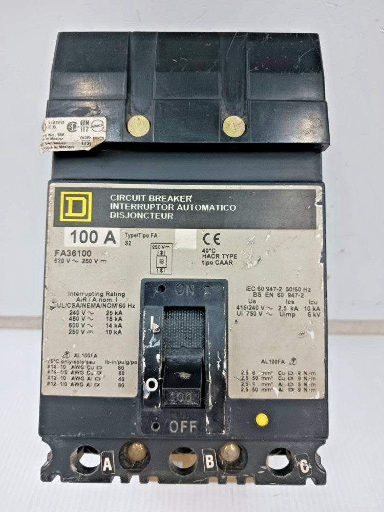 Square D 100 Amp I-Line Circuit Breaker 3 Pole 600 VAC 18kA FA36100 *Flaw*