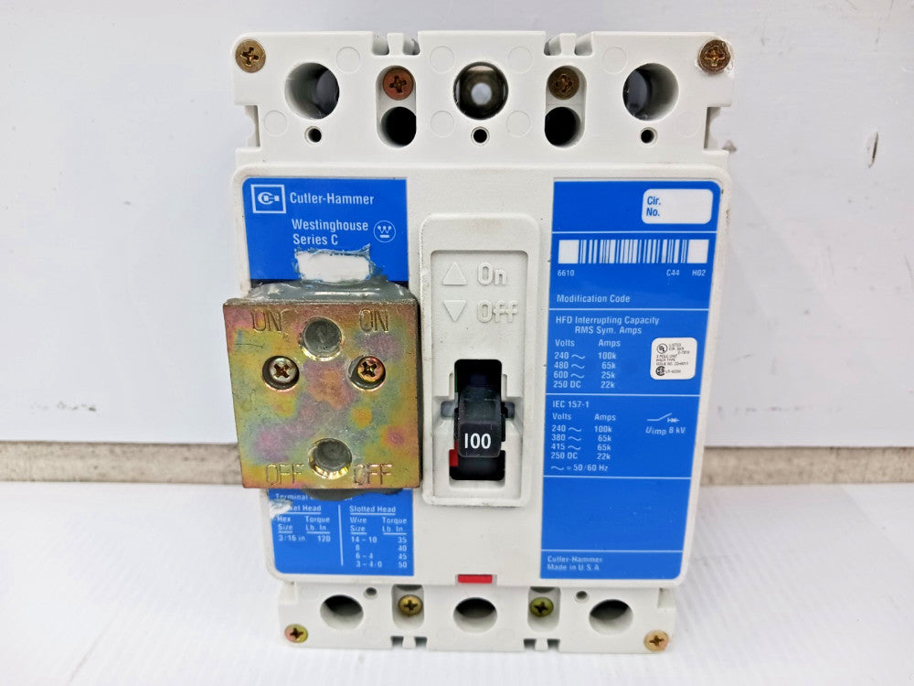 Cutler Hammer 100 Amp Circuit Breaker 3 Pole 600 VAC / 250 VDC 65kA HFD3100