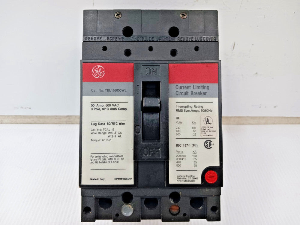 GE 50 Amp Current-Limiting Circuit Breaker 3 Pole 600V 65kA TEL136050WL (Flaw)