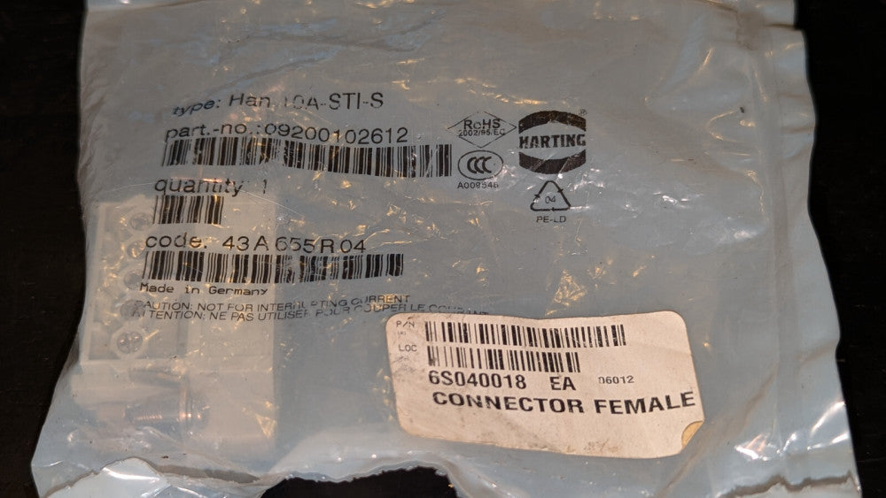 HARTING HAN 10A-STI-S   09200102612 CONNECTOR 10 PIN 10P FEMALE PLUG FITTING
