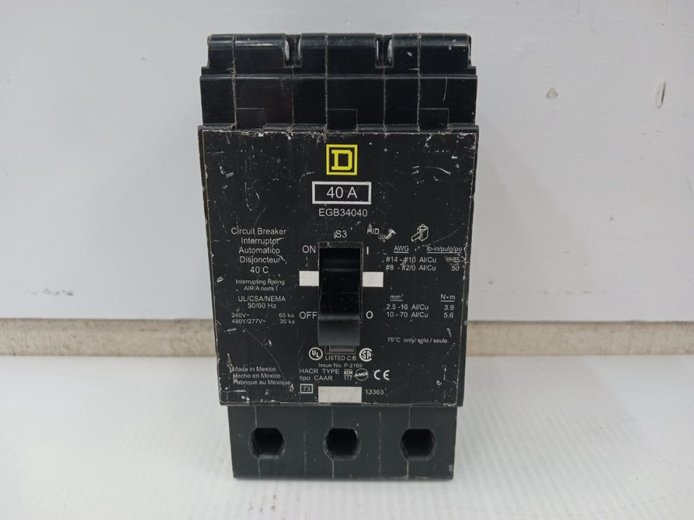 Square D 40 Amp Bolt-On Circuit Breaker 3 Pole 480Y/277 VAC 35kA EGB34040