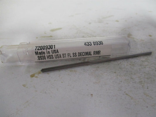 (433-0.0930) 0.093" x 3/4" x 3" OAL Straight Shank HSS 4-Flute Chucking Reamer 