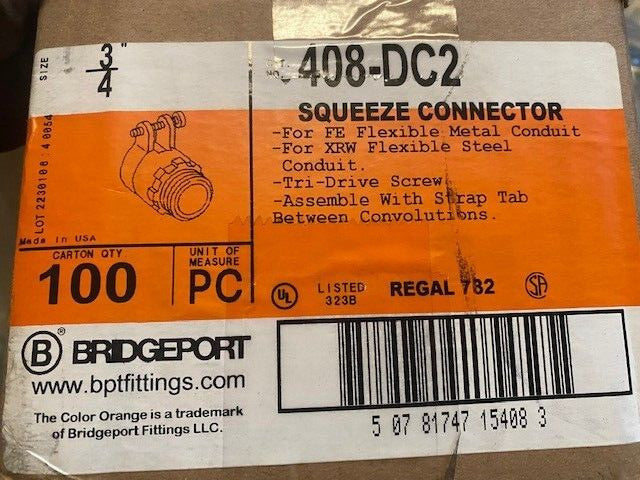 (Case of 100) Bridgeport 408-DC2 3/4" Squeeze Connector