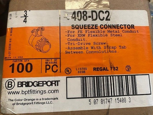 (Case of 100) Bridgeport 408-DC2 3/4" Squeeze Connector