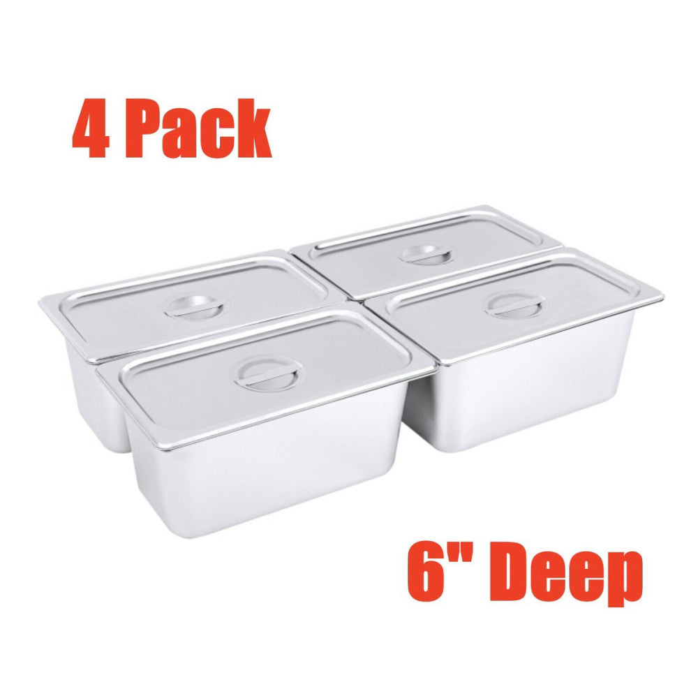 4 Pack 6" Deep Stainless Steel Steam Table Pans Hotel Food Prep Pan with Lids US