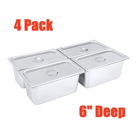 4 Pack 6" Deep Stainless Steel Steam Table Pans Hotel Food Prep Pan with Lids US