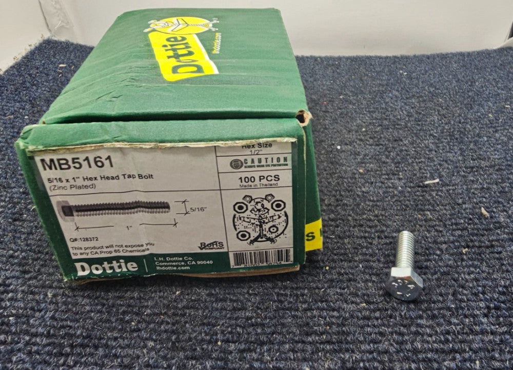 (100 PIECES) Dottie MB5161: 5/16 x 1" Hex Head Tap Bolts Zinc Plated