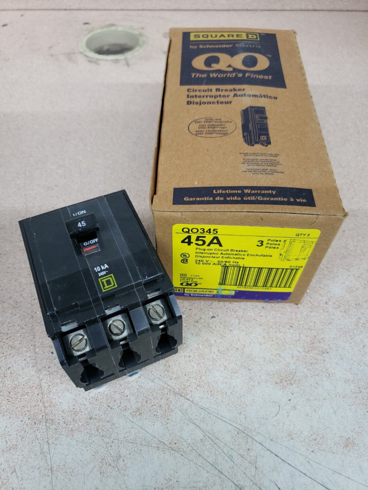 1 New Square D QO345 3 Pole 45 Amp 240V AC 3 Phase Type QO Plug In Yellow