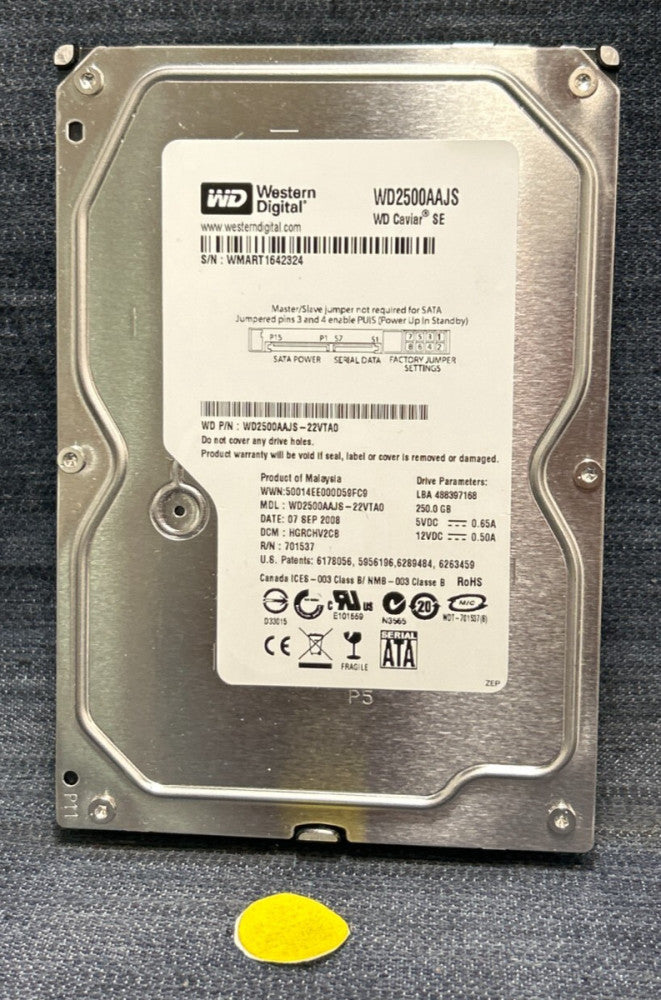 WESTERN DIGITAL HARD DRIVE WD2500AAJS-22VTA0 250GB 5VDC-0.65A 12VDC-0.50A