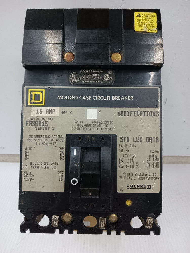 Square D 15 Amp I-Line Molded Case Circuit Breaker 3 Pole 600 VAC FA36015 (Flaw)