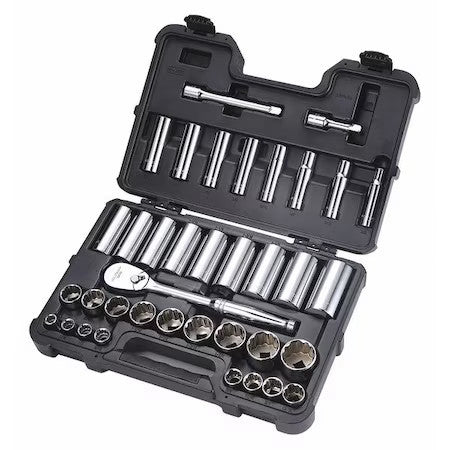 Westward 53Pn53 1/2" Drive Socket Set Sae 37 Pieces 3/8 In To 1 3/8 In , Chrome