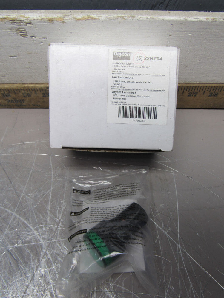 BOX OF 5QTY DAYTON INDICATOR LIGHTS 22NZ04 GREEN 22MM 120VAC RAISED NEW IN BOX