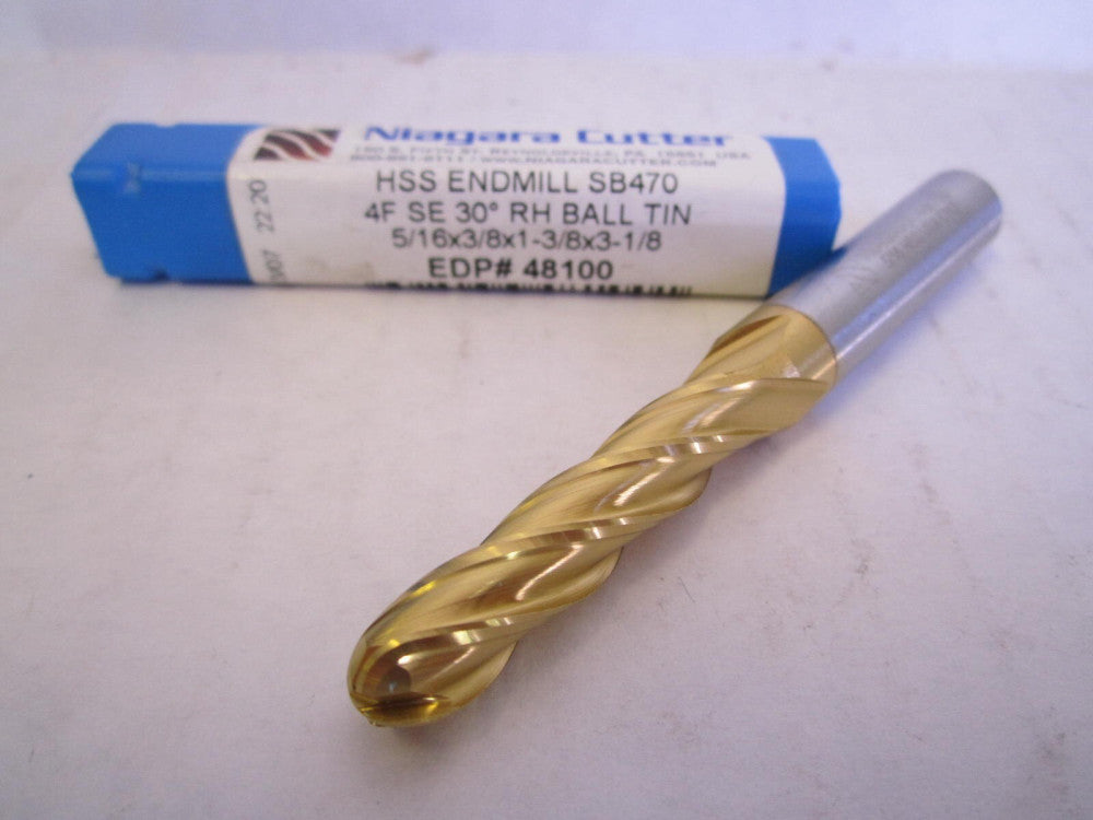 Niagara 5/16 x 3/8 x 1-3/8 x 3-1/8" Ball End HSS TiN 4-Flute Endmill 48100 New