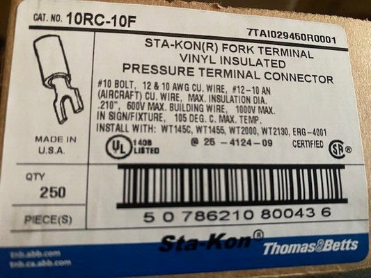 (250 PACK) Sta-Kon Fork Terminal 10RC-10F 4RGY8 #10 Stud Ins.