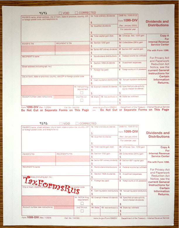 Official IRS Tax Form 1099-DIV single sheet set for 2 recipients NON-carbonless