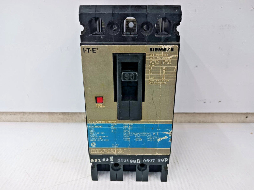 SIEMENS ITE 90 AMP CIRCUIT BREAKER 3 POLE 480 VAC ED43B090 **MISSING LUGS**