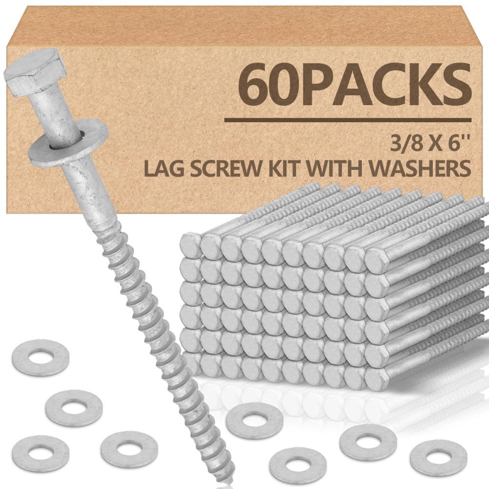 60 Pack 3/8 x 6'' Lag Screw Kit with Washers Hot Hot Dip Galvanized Hex Lag B...