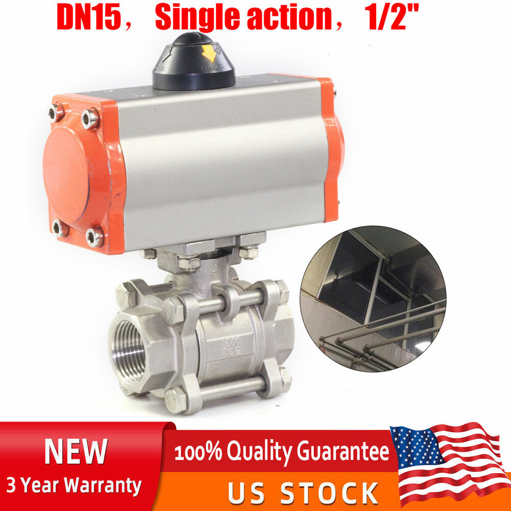 1/2" Pneumatic 3 Pieces Ball Valve,Air Actuated Stainless Single Acting