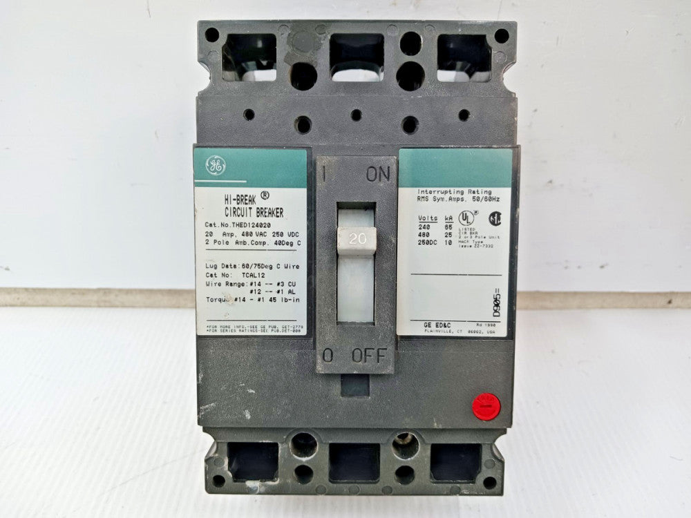 GE 20 Amp Hi-Break Circuit Breaker 2 Pole 480 VAC / 250 VDC 25kA THED124020