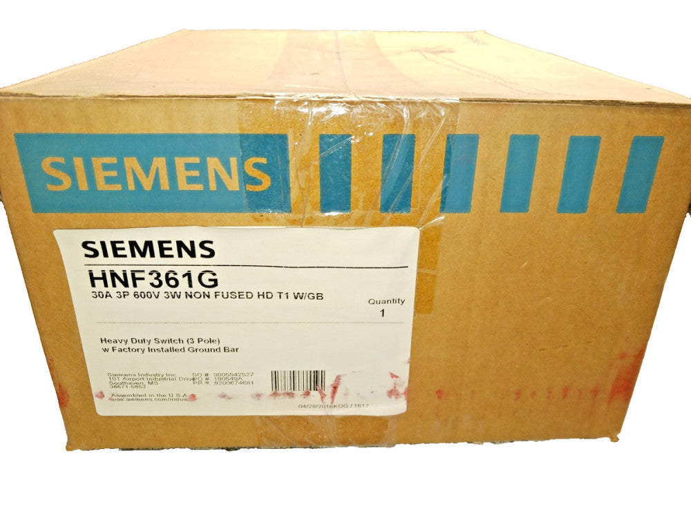 New Siemens 30 Amp Non-Fused Safety Disconnect Switch 3P 600V W/ GB  HNF361G