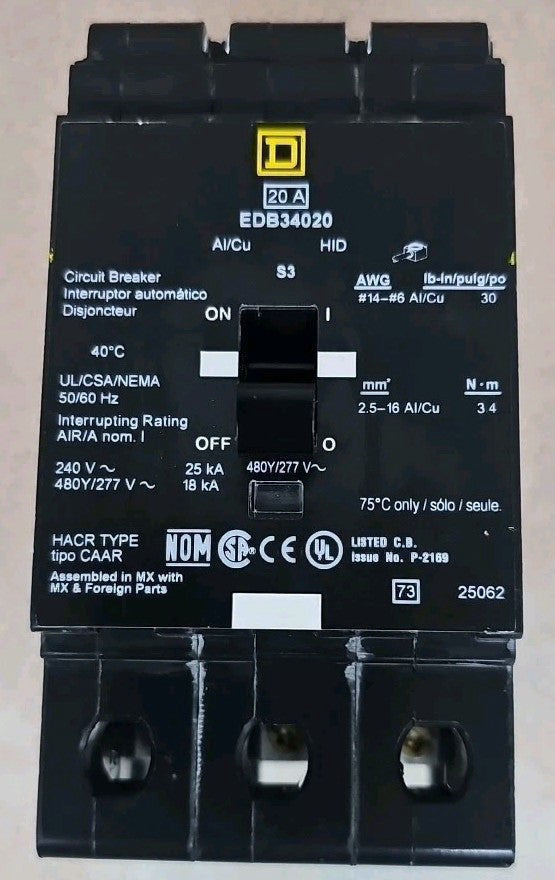 Square D EDB34020 Bolt On Circuit Breaker 3P / 480/277V / 20 Amp NTO