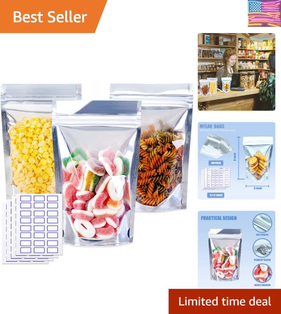Airtight 100 Pack 5x8 Mylar Food Storage Bags with Self-Seal Closure & Labels