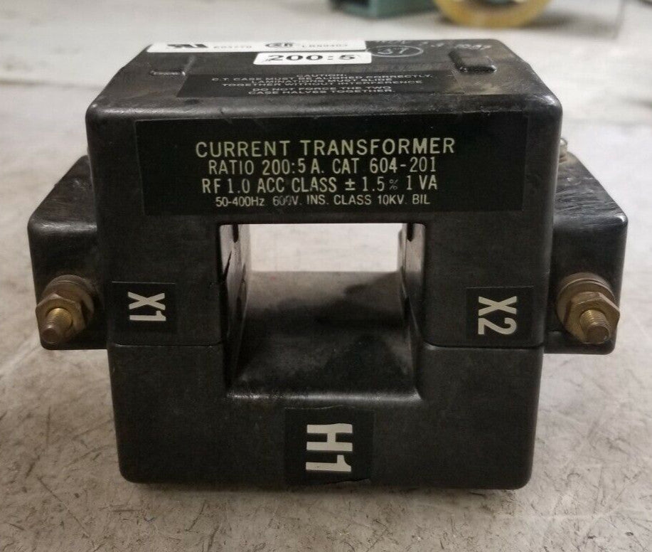 ALLEN BRADLEY 200:5 RATIO CURRENT TRANSFORMER 600 VAC 10 KV BIL 1 VA  604-201