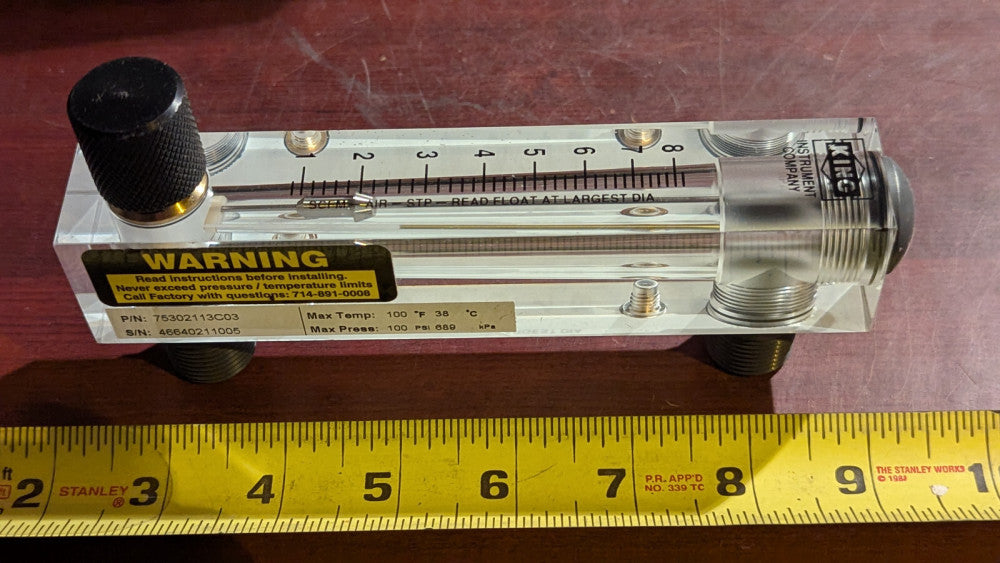 King Instruments 75302113C03 Flowmeter 0-8 SCFM 100psi Max 100°F Max