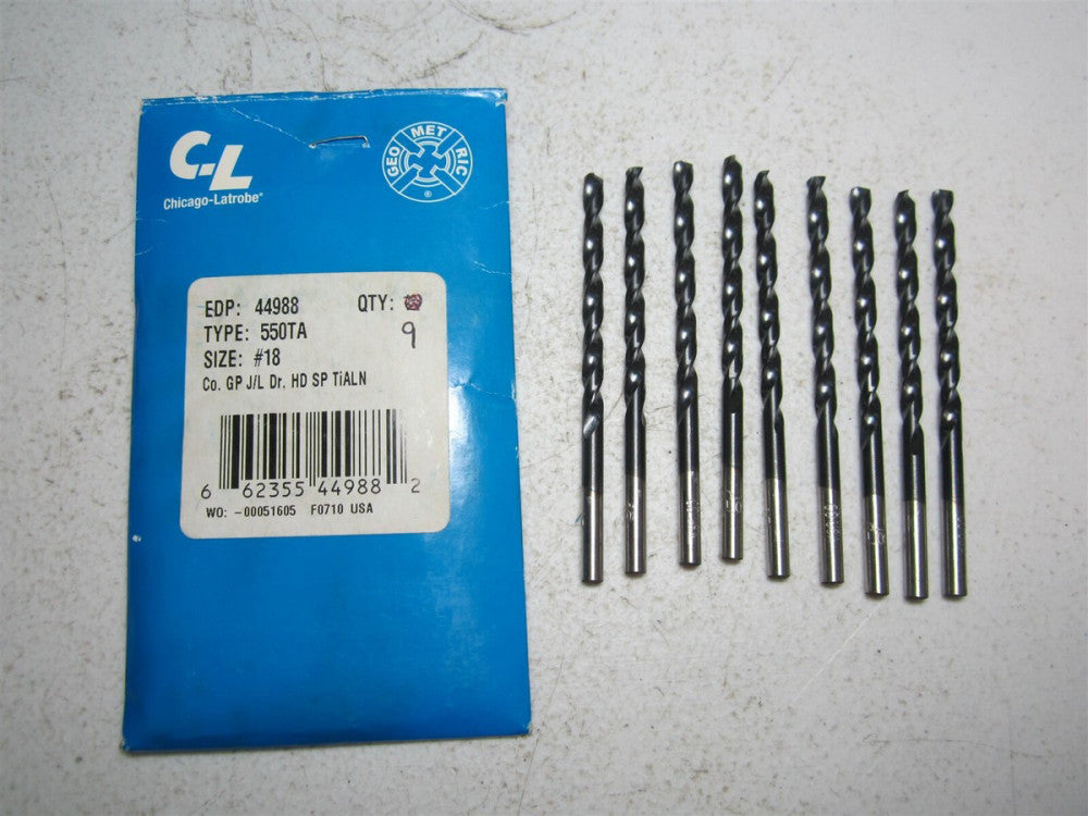 Chicago - Latrobe (44988) #18 135° RH 3-1/4" OAL Cobalt Jobber Drill - Qty 9
