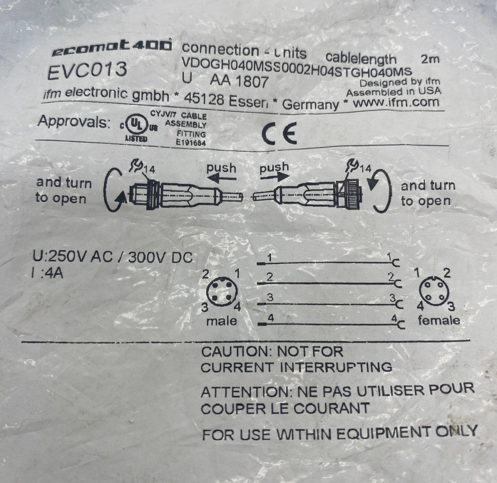 IFM EVC013 Sensor Connecting Cable M12 Connector, 2M 