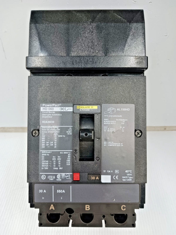Square D PowerPact 30 Amp I-Line Circuit Breaker 3 Pole 600 VAC 18kA HDA36030