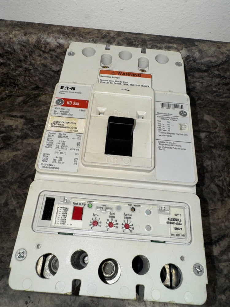 EATON KD3400F  KD3400FK02M01X36Y04  400A 600V CIRCUIT BREAKER W/ KES3250LS TRIP
