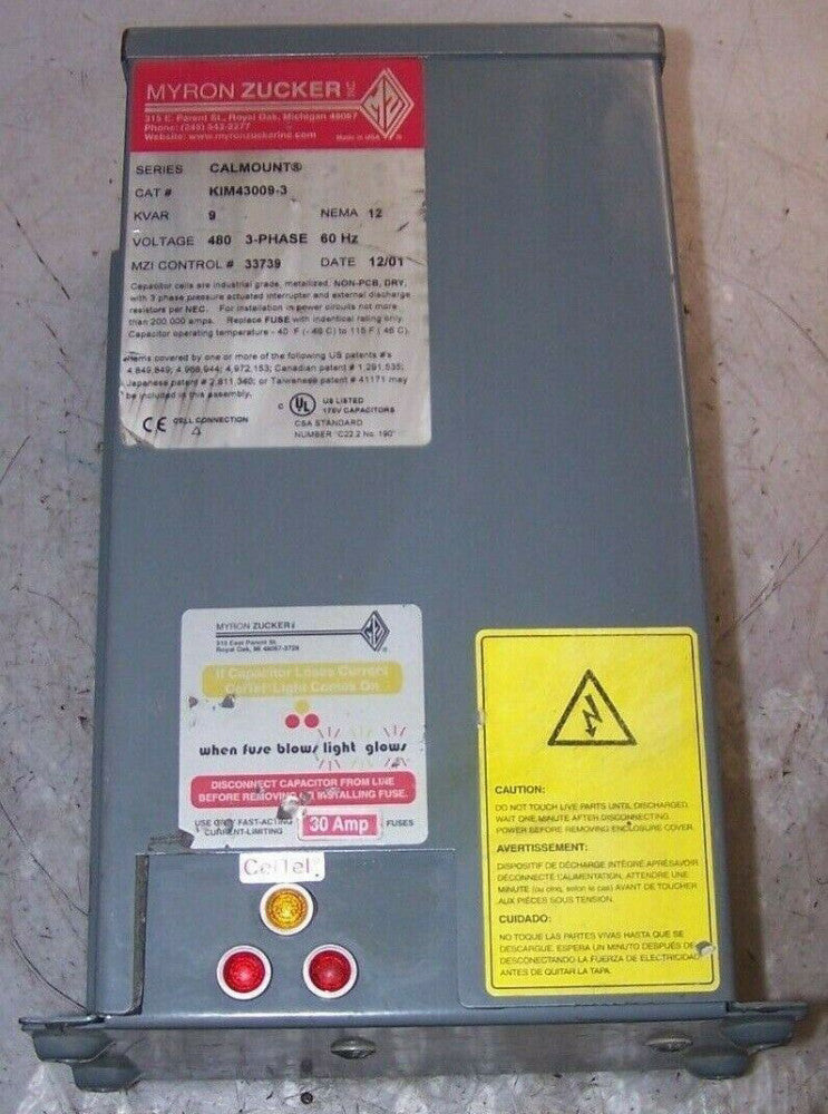NEW MYRON ZUCKER 9 KVAR POWER FACTOR CORRECTION CAPACITOR 480 VAC KIM43009-3