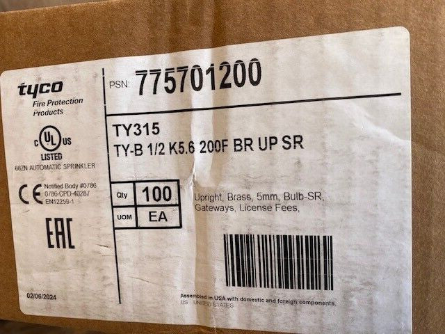 (CASE OF 100) Tyco 775701200, TY315, Ty-B, 1/2", 5.6K, Pendent Sprinkler
