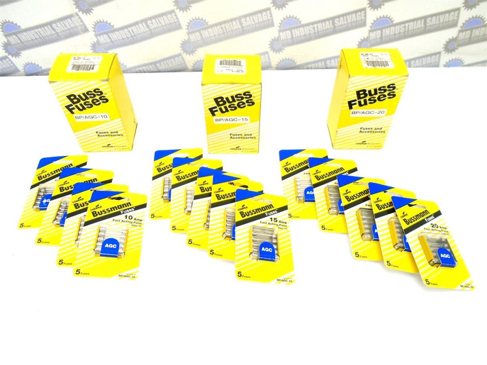 (70 Pcs.) BUSS FUSES - AGC-10, AGC-15, AGC-20 - GLASS FUSES - 32 Vdc 10A 15A 20A