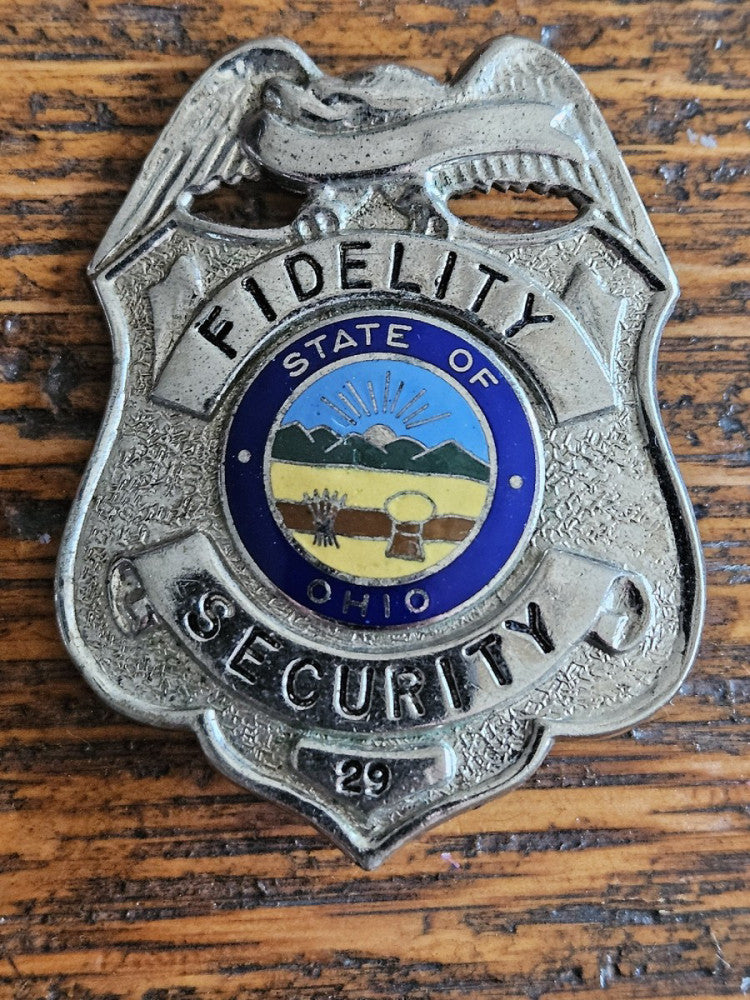 Vintage Obsolete Fidelity Security Service Badge Silver Tone Metal Pin Back