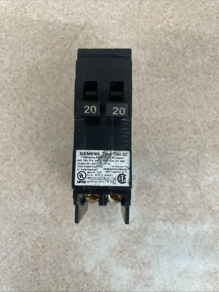 Siemens, Q2020NC, Circuit Breaker, 20/20 Amps, 1 Pole, 120 V NOS