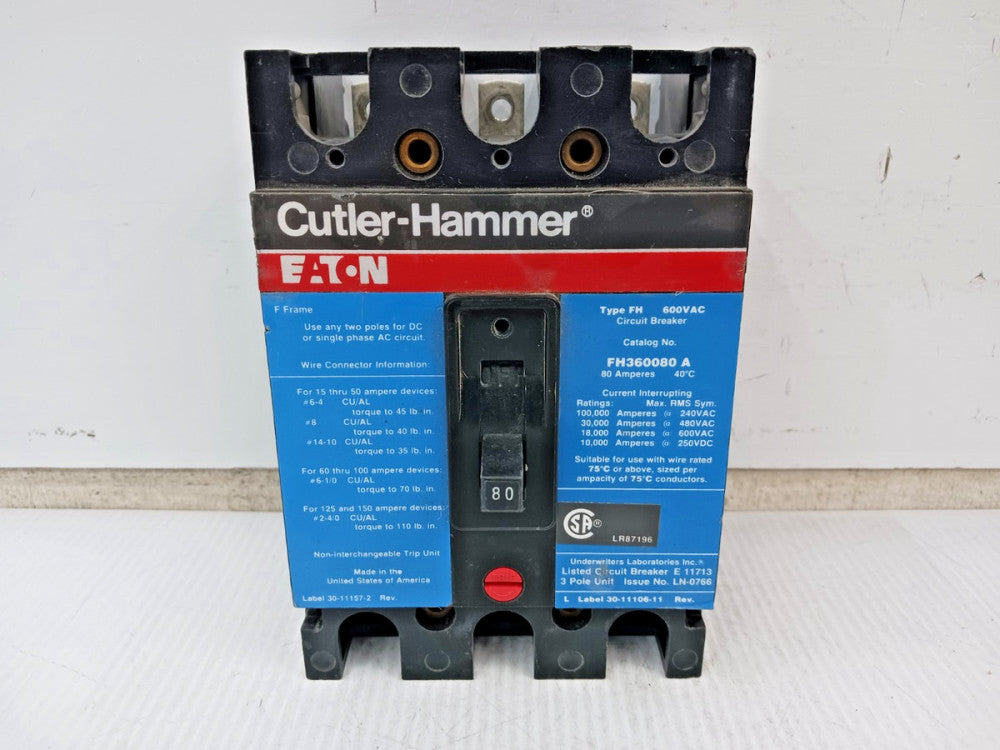 Eaton / Cutler Hammer 80 Amp Circuit Breaker 3 Pole 600 VAC 30kA FH360080A *Flaw