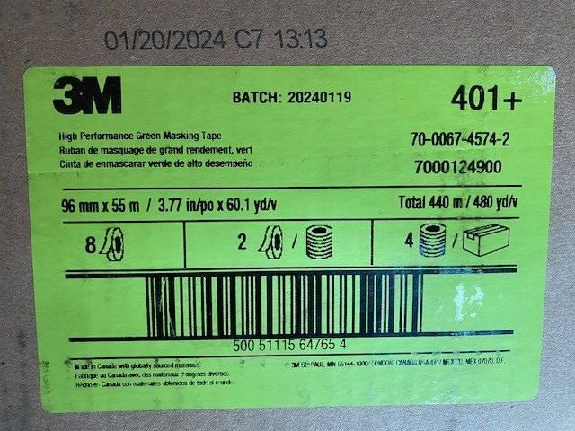 (8 ROLLS) 3M High Performance Green Masking Tape 401+, 96 mm x 55 m 6.7 mil