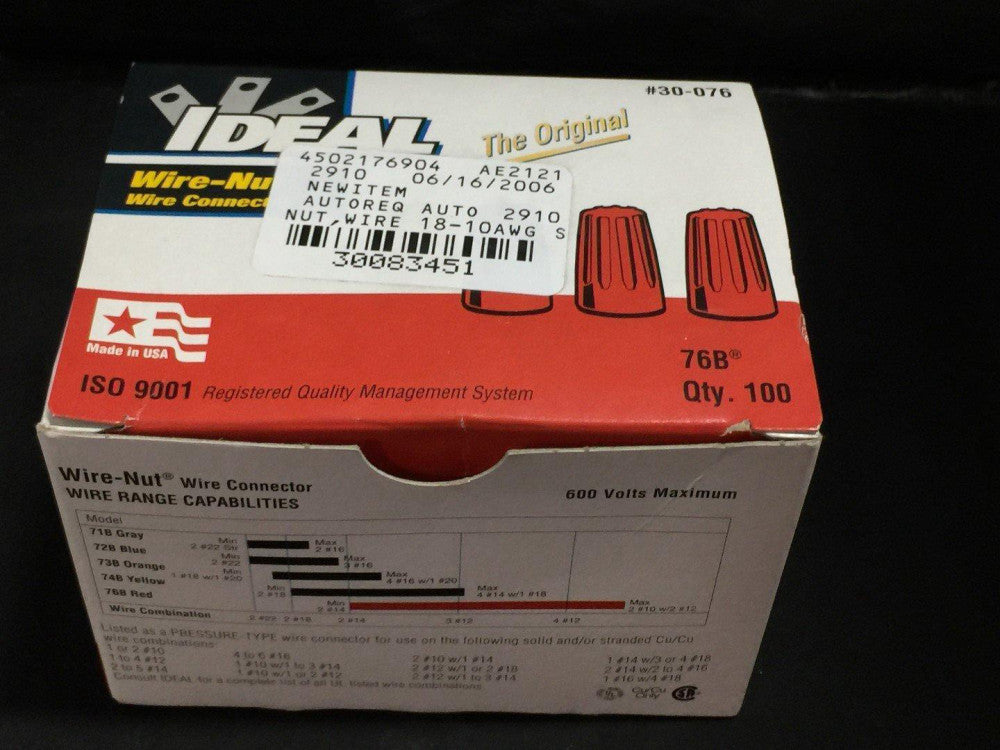 NEW Ideal 30-076 Twist-On Wire Connectors 18-10AWG Box of 100 