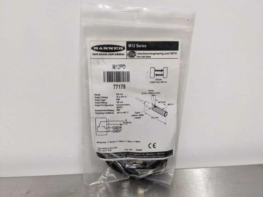 Banner M12PD 12mm Barrel Mount Sensor 77178 400mm 10-30 VDC