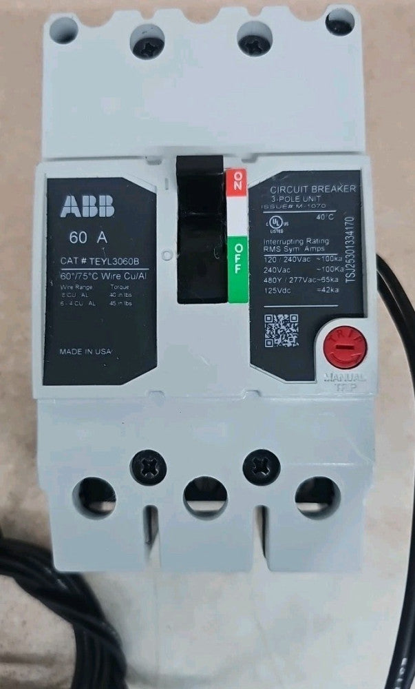 General Electric NTO TEYL3060B Bolt-On Circuit Breaker 60A w/ 24vdc shunt trip
