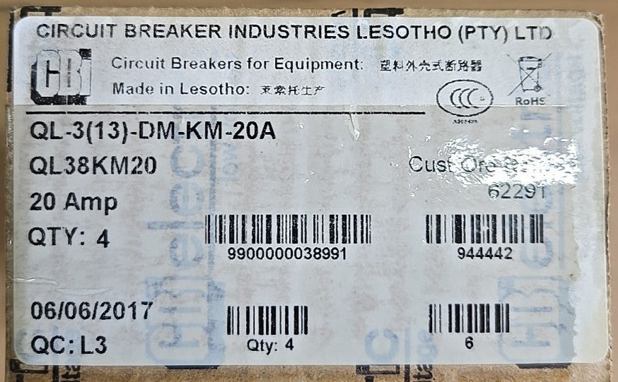1) CBI Box of 4 QL38KM20 3 POLE 20 AMP Circuit Breaker