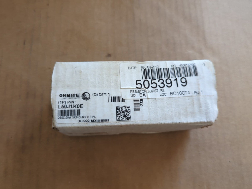 Lot of 2 OHMITE L50J1K0E Resistor, Res 1 Kilohms, Pwr-Rtg 50 W, Tol 5%, Lug,