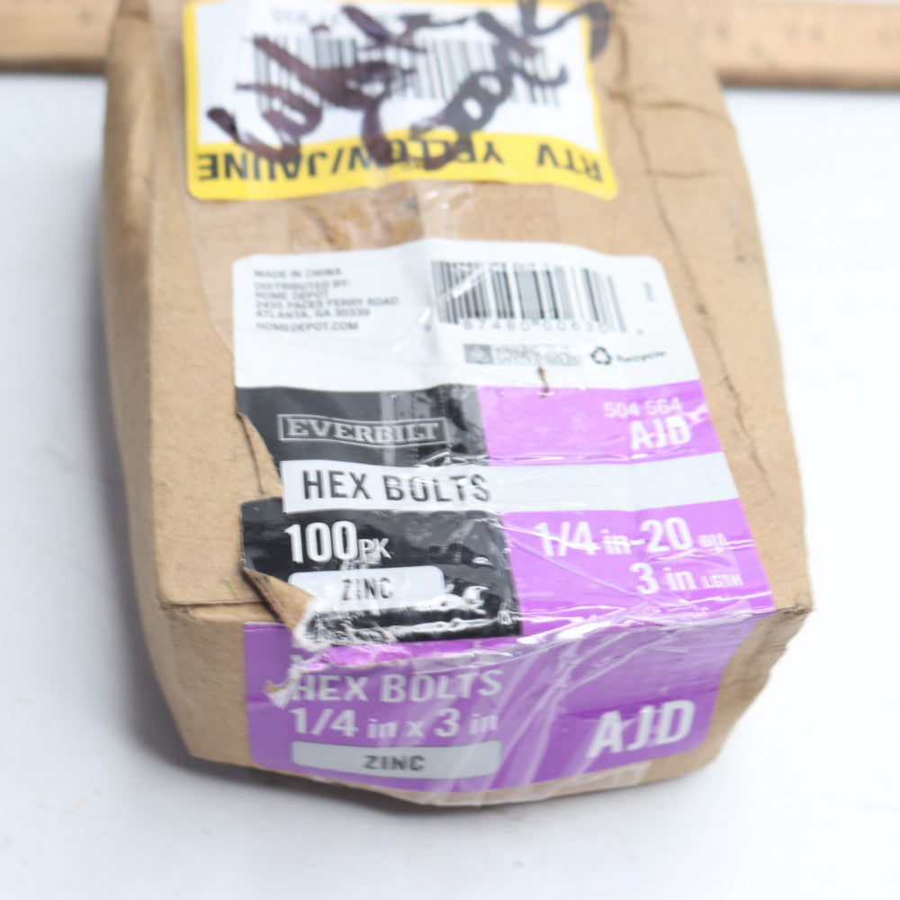 (100-Pk) Everbilt Hex Bolt Zinc Plated 1/4"-20 x 3" 504564 